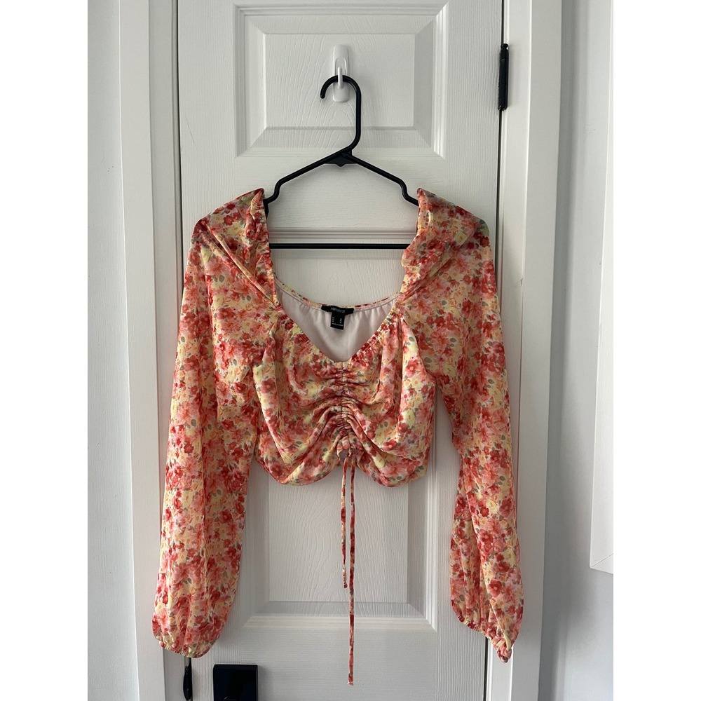 Forever 21 Floral Print Ruched Cropped Long Sleeve Top Square Neck Festival - Picture 3 of 8